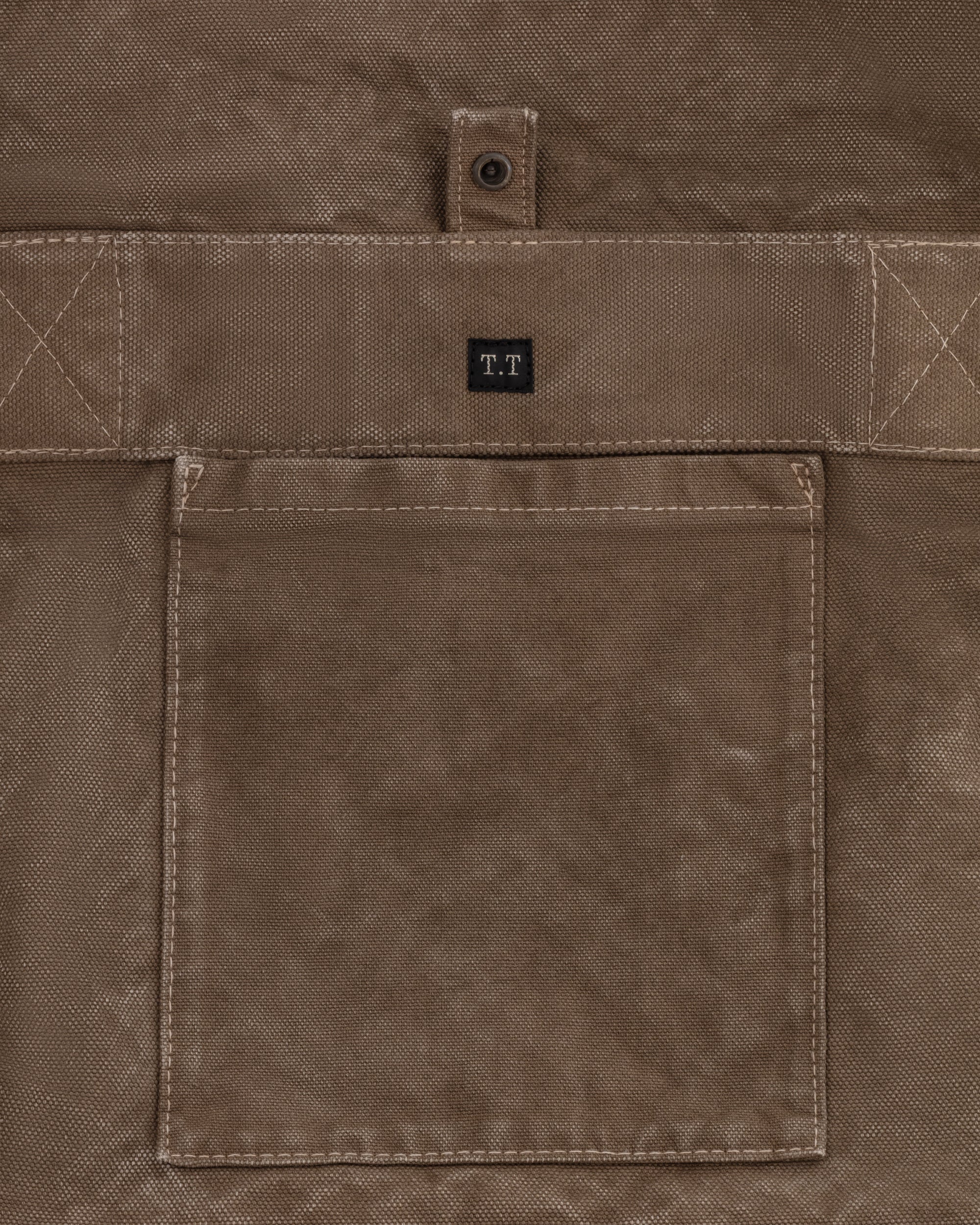 T.T Lot.034 Letter Carrier Bag in brown sulphur-dyed cotton canvas, pocket detail