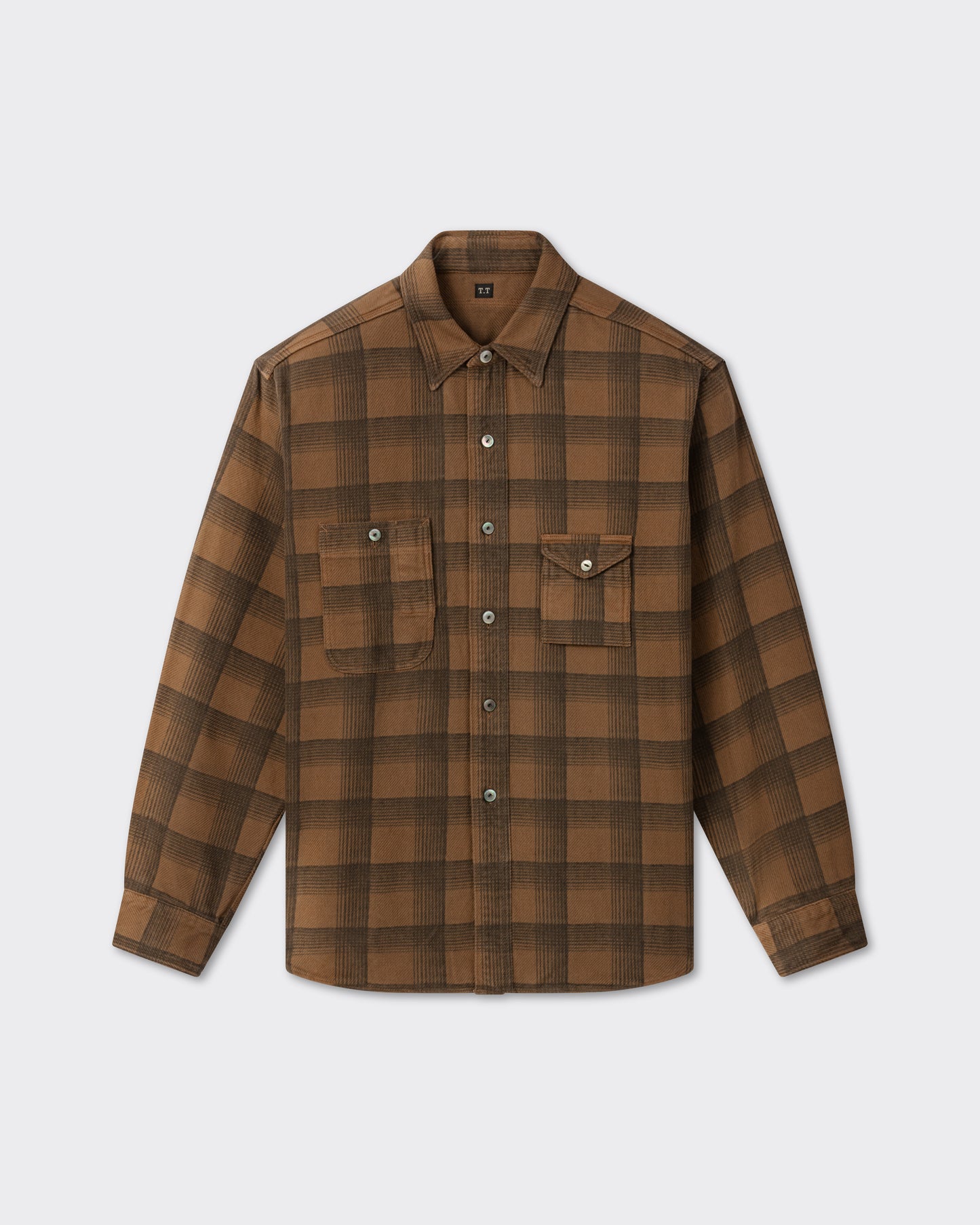 T.T Lot.111 Work Shirt in brown garment-dyed check cotton, front view