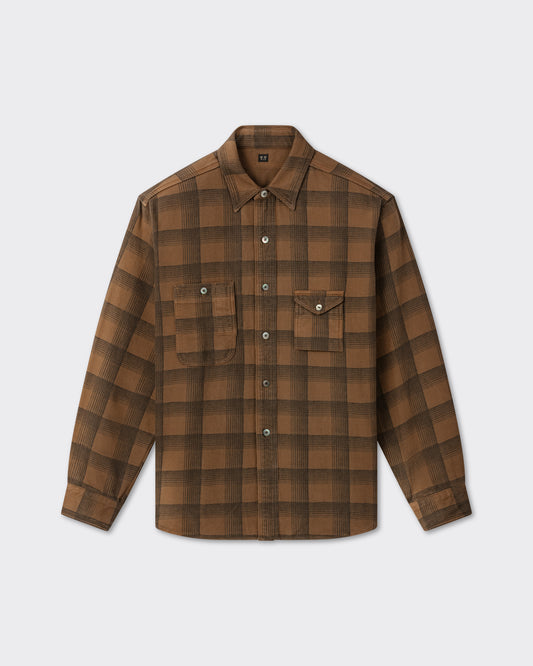 T.T Lot.111 Work Shirt in brown garment-dyed check cotton, front view