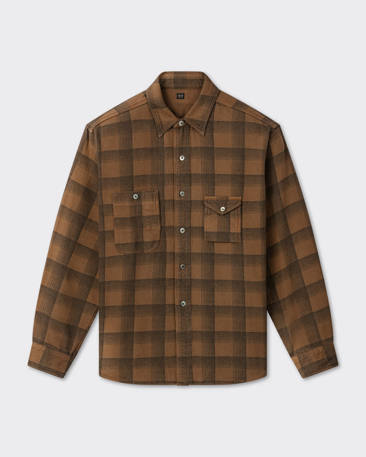 T.T Lot.111 Work Shirt in brown garment-dyed check cotton, front view