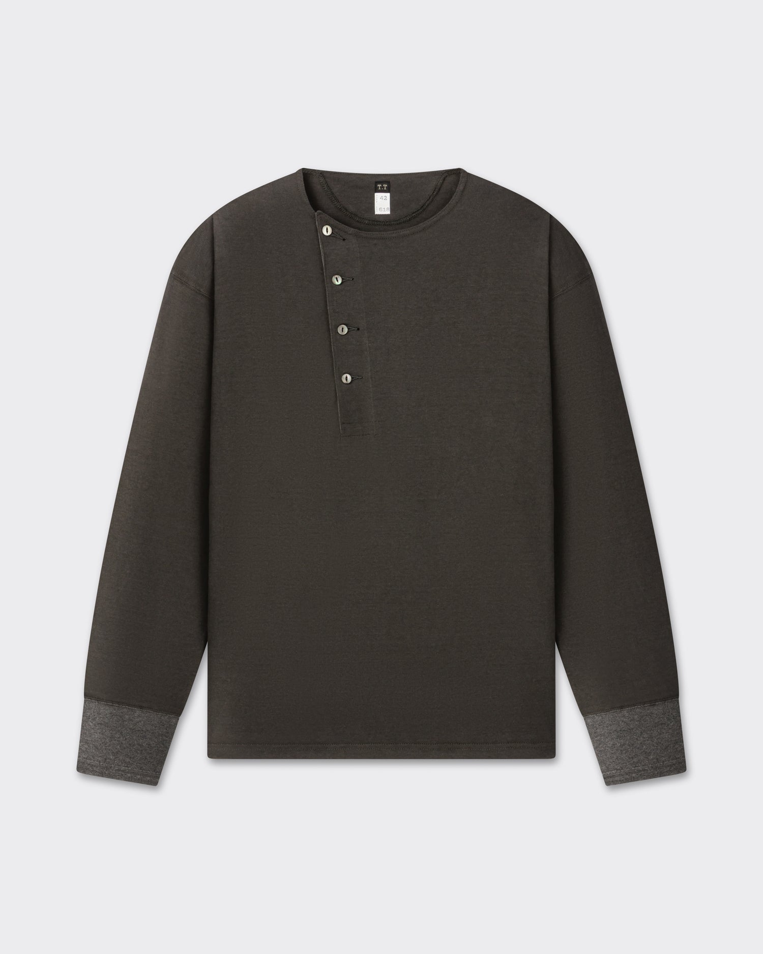 T.T Lot.618 Side Henley Neck in charcoal cotton, front view