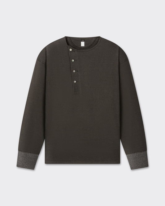T.T Lot.618 Side Henley Neck in charcoal cotton, front view