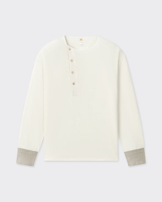 T.T Lot.618 Side Henley Neck in ivory cotton, front view