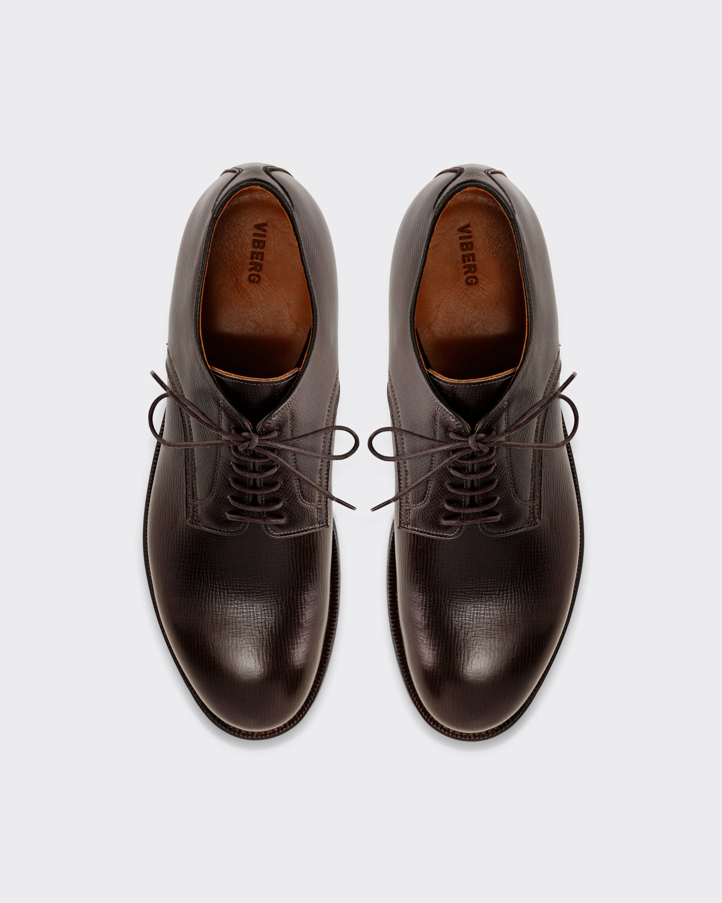Viberg Navvy Cut Derby in malt brown Alcazar grained calf, top view