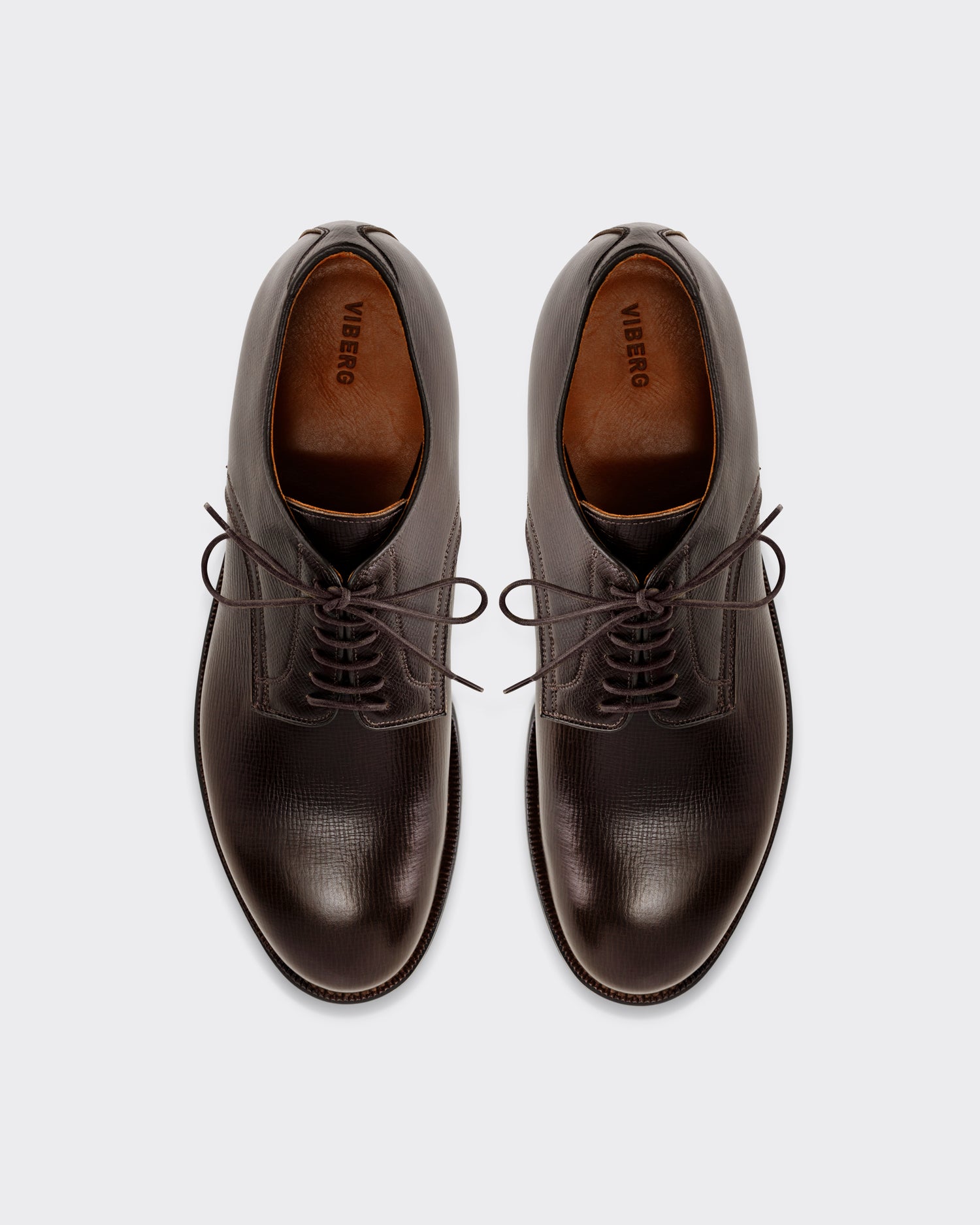 Viberg Navvy Cut Derby in malt brown Alcazar grained calf, top view