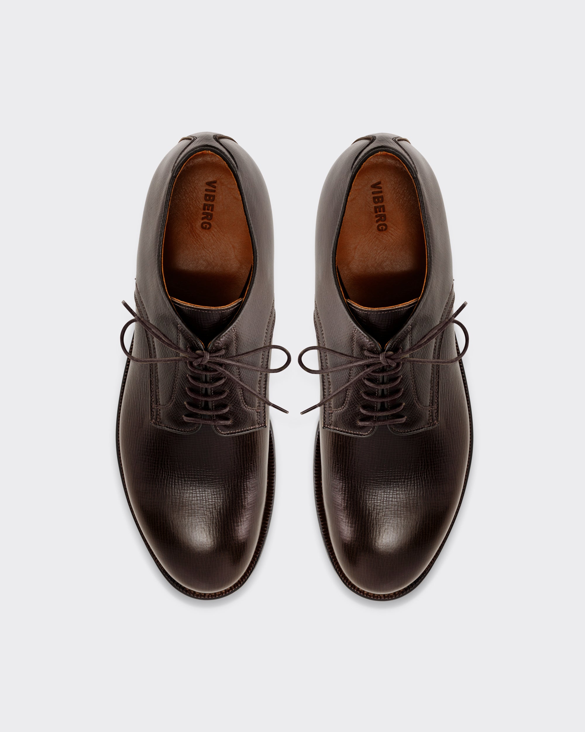 Viberg Navvy Cut Derby in malt brown Alcazar grained calf, top view