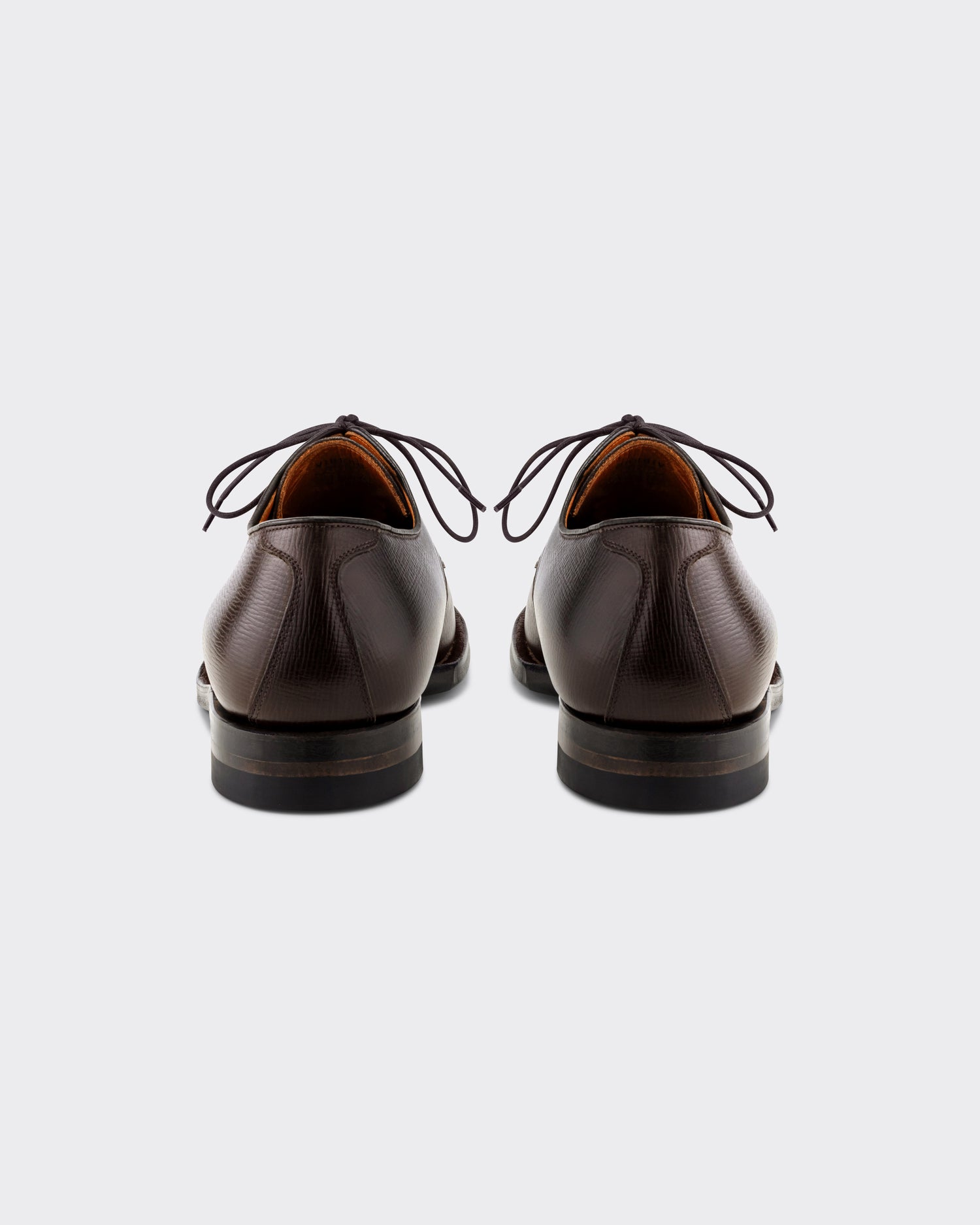 Viberg Navvy Cut Derby in malt brown Alcazar grained calf, back view
