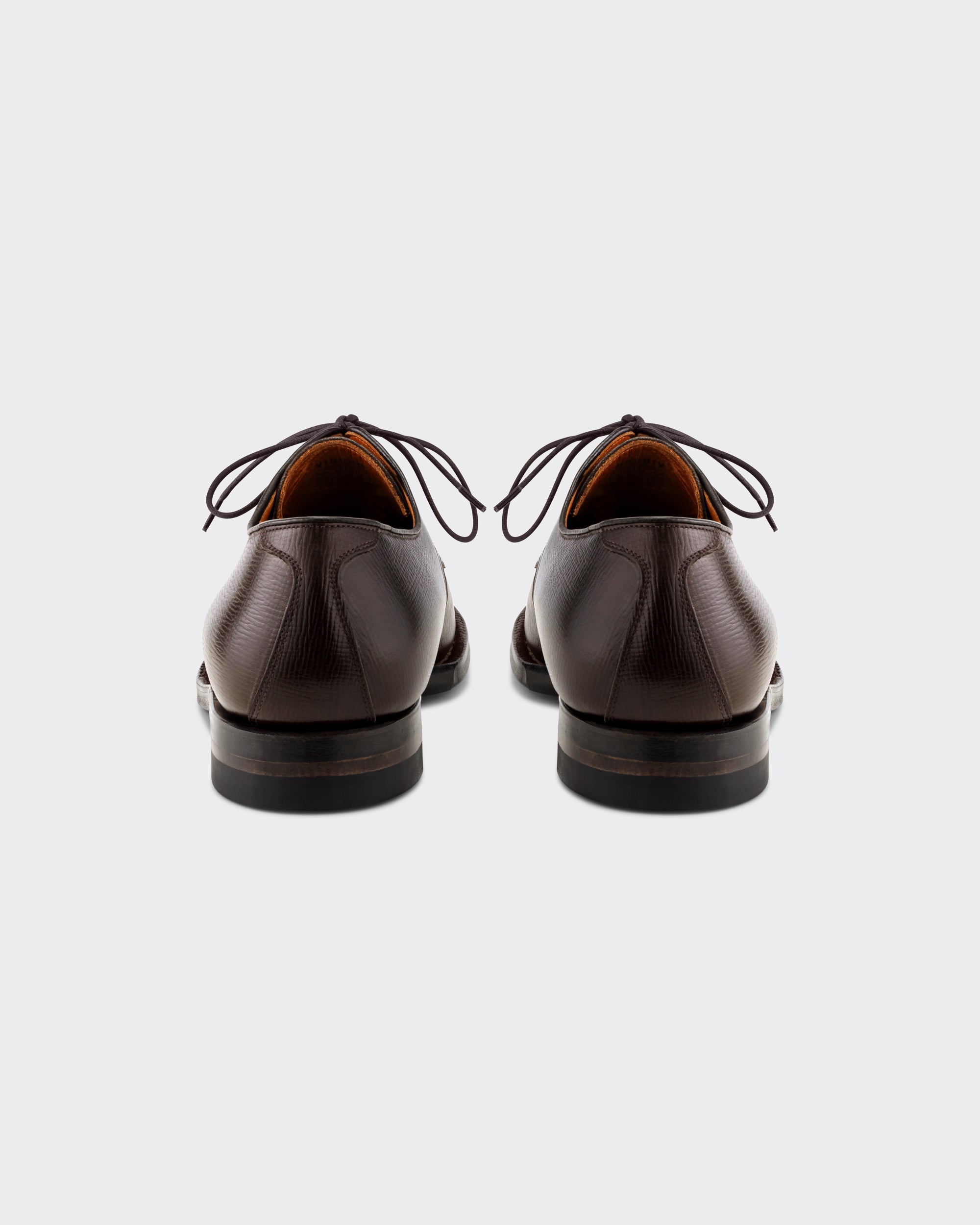 Viberg Navvy Cut Derby in malt brown Alcazar grained calf, back view