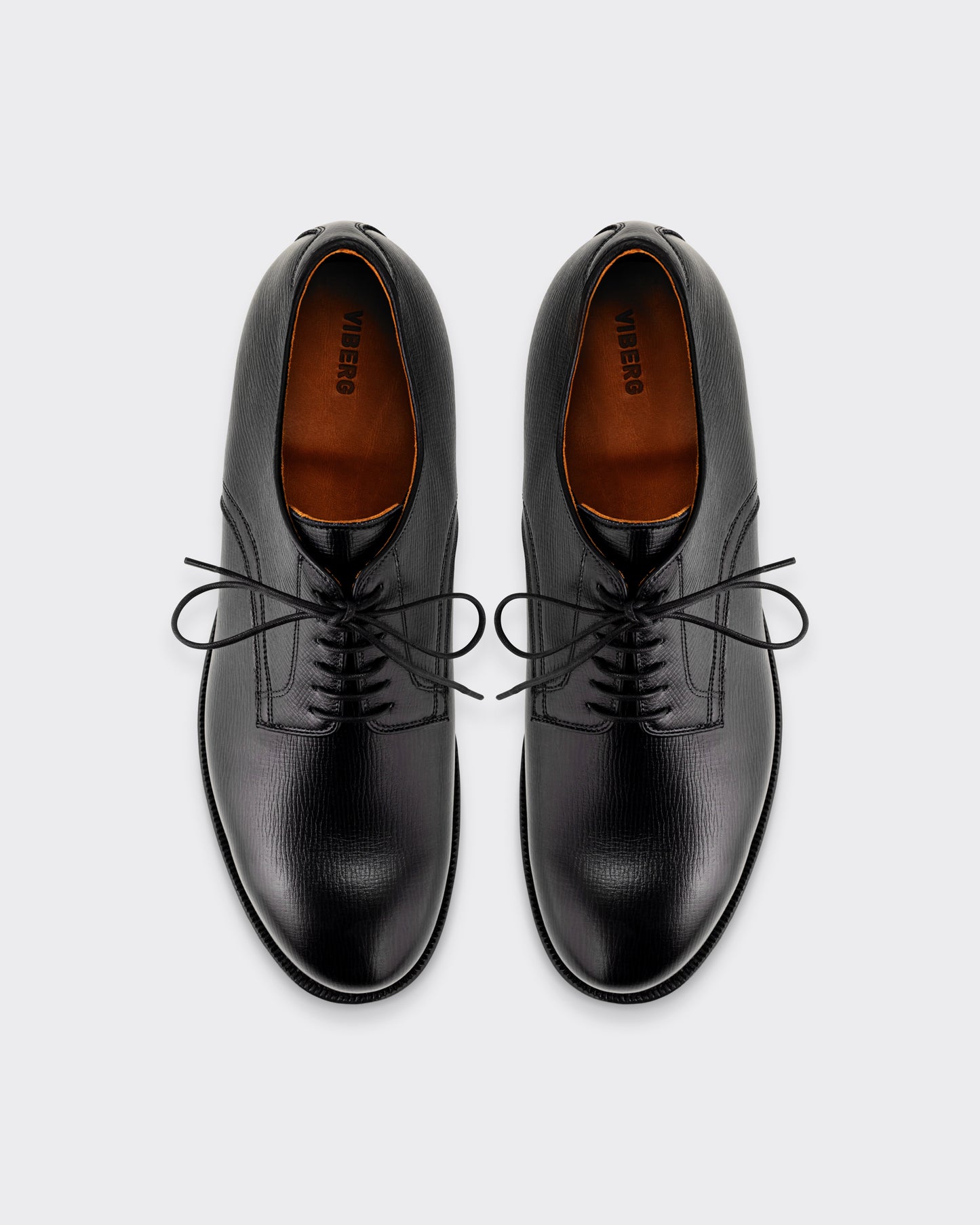 Viberg Navvy Cut Derby in black Alcazar grained calf, top view
