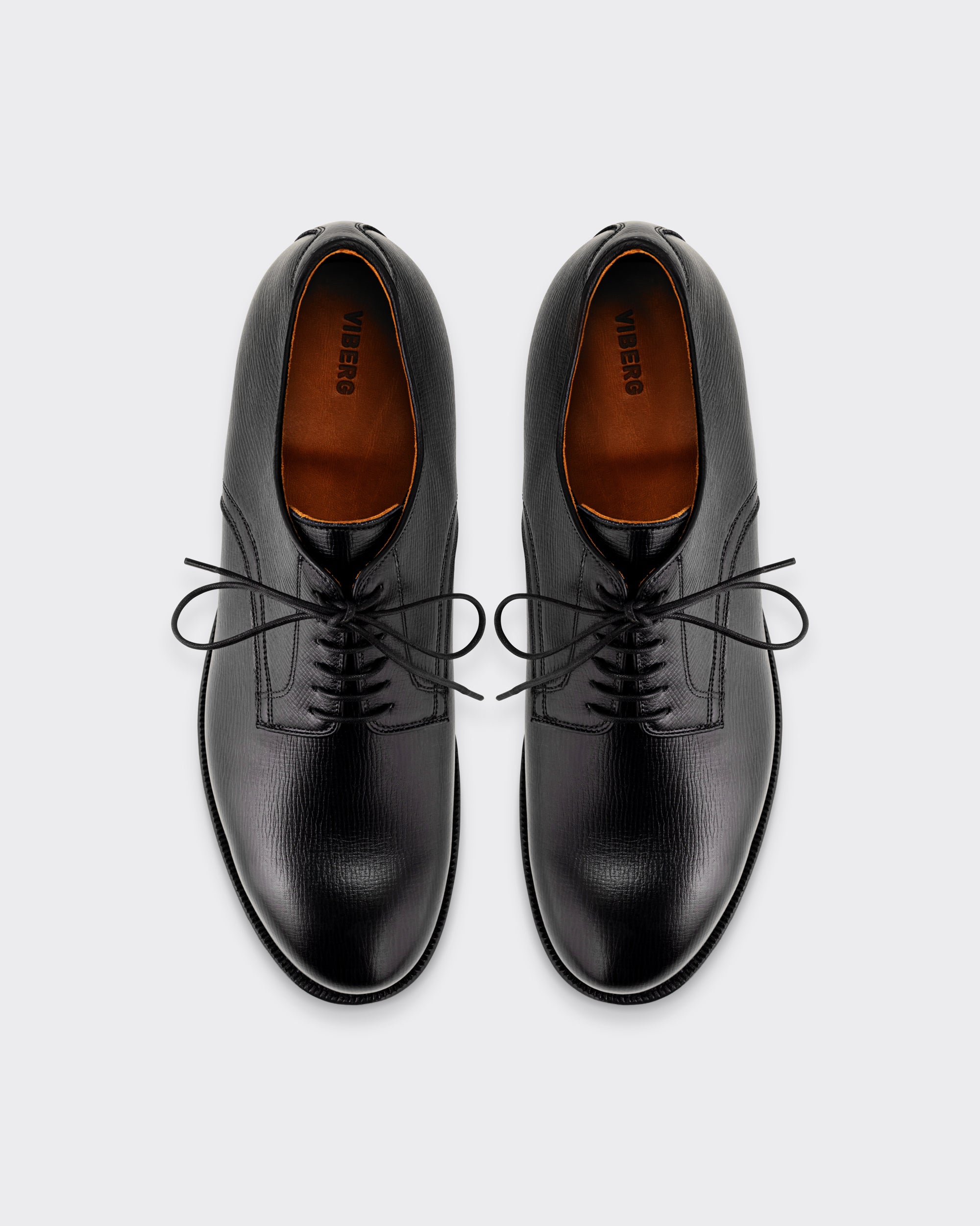 Viberg Navvy Cut Derby in black Alcazar grained calf, top view