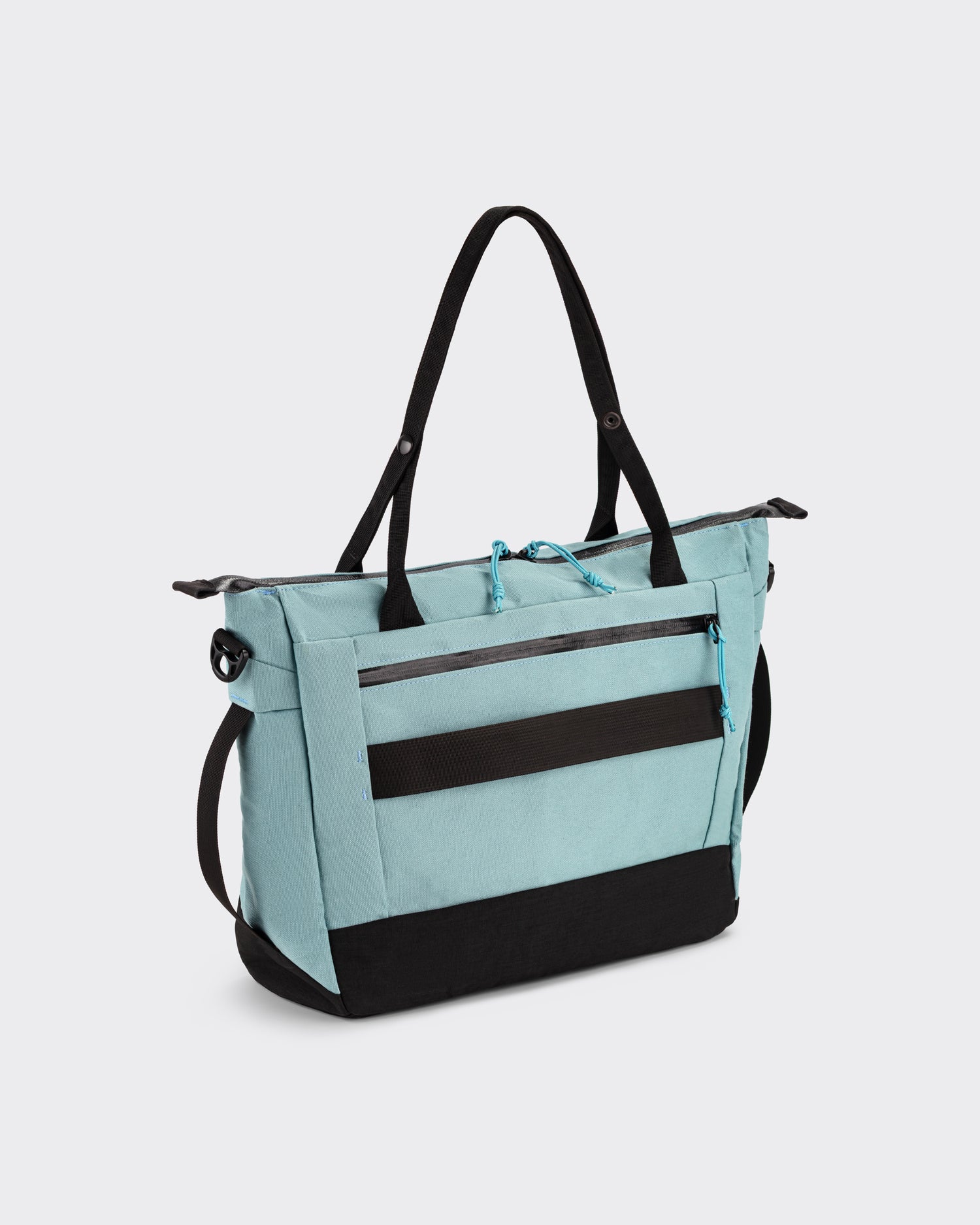 1733 Daily Tote 17.5L in glacier blue X-Pac X11 canvas, detail of Fidlock buckle and leather trim, BEIGE HABILLEUR PARIS