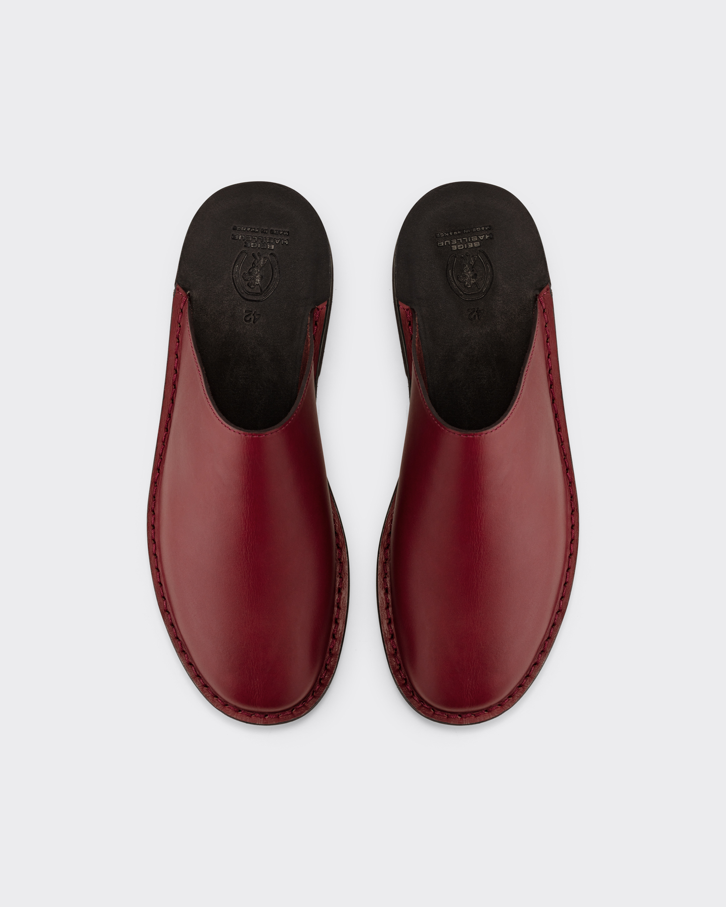 Carmin Red leather Gardian mules three quarter view, La Botte Gardiane exclusive