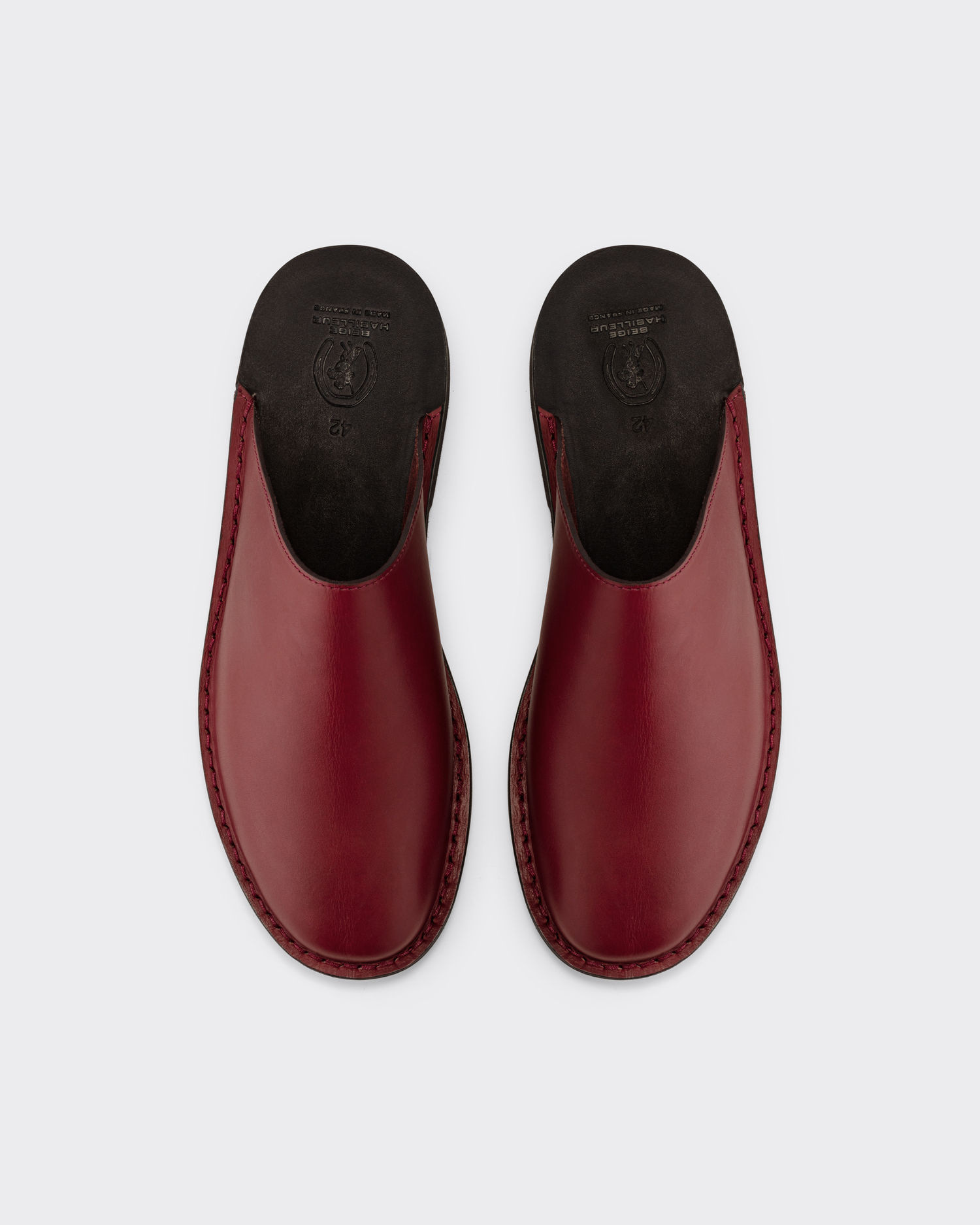 Carmin Red leather Gardian mules three quarter view, La Botte Gardiane exclusive