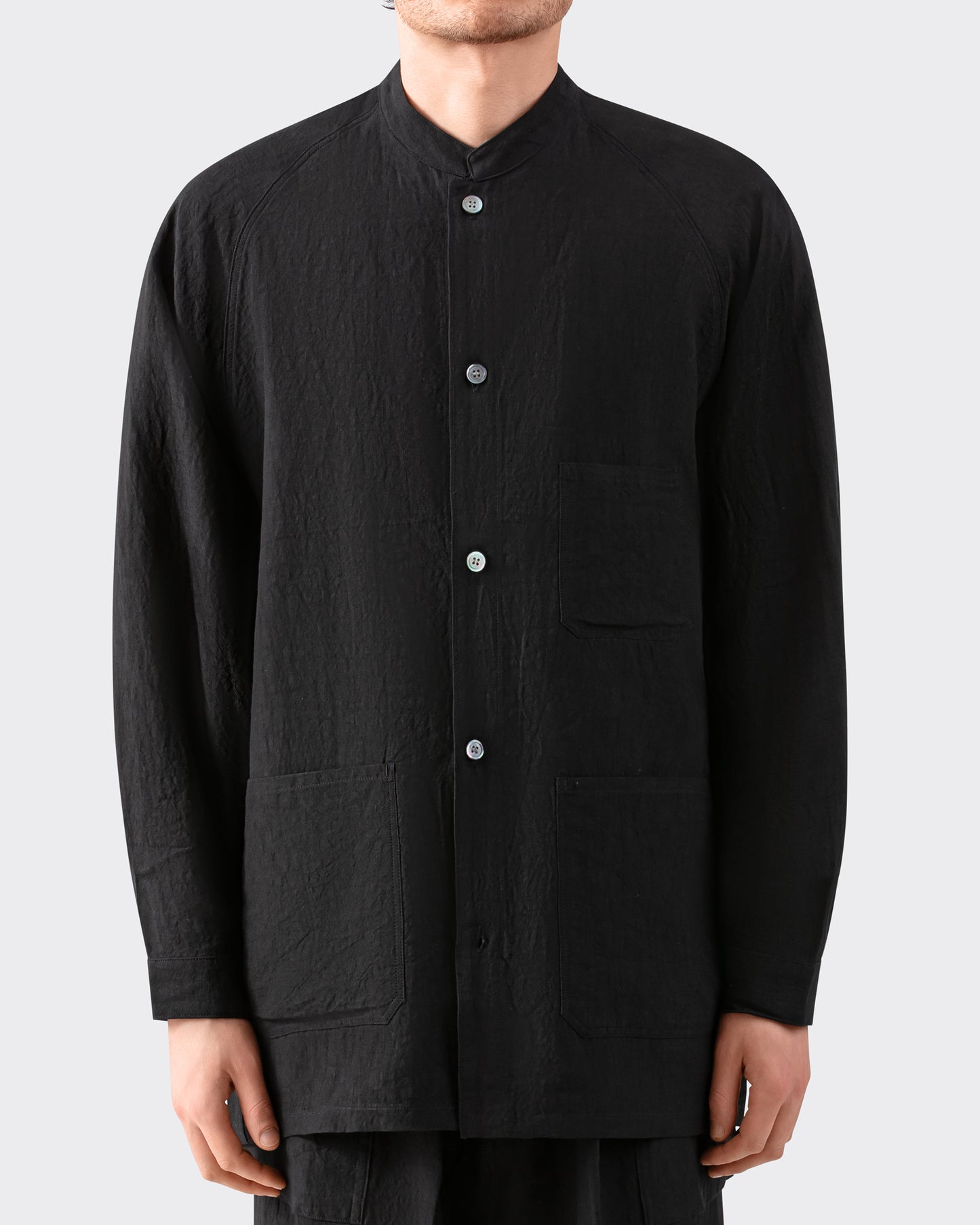 Chemise col mandarin lin Haversack noir vue de face