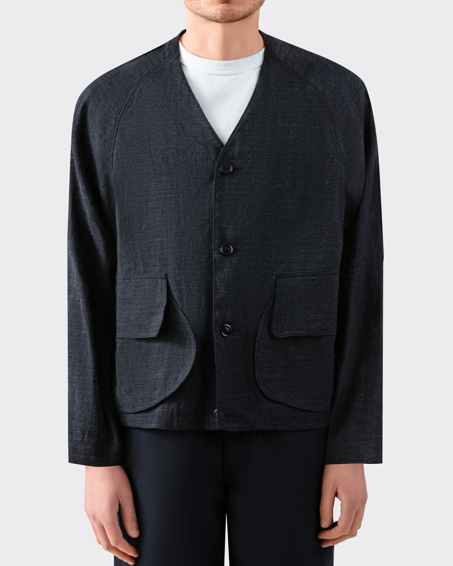 Wool linen herringbone jacket Haversack charcoal front view