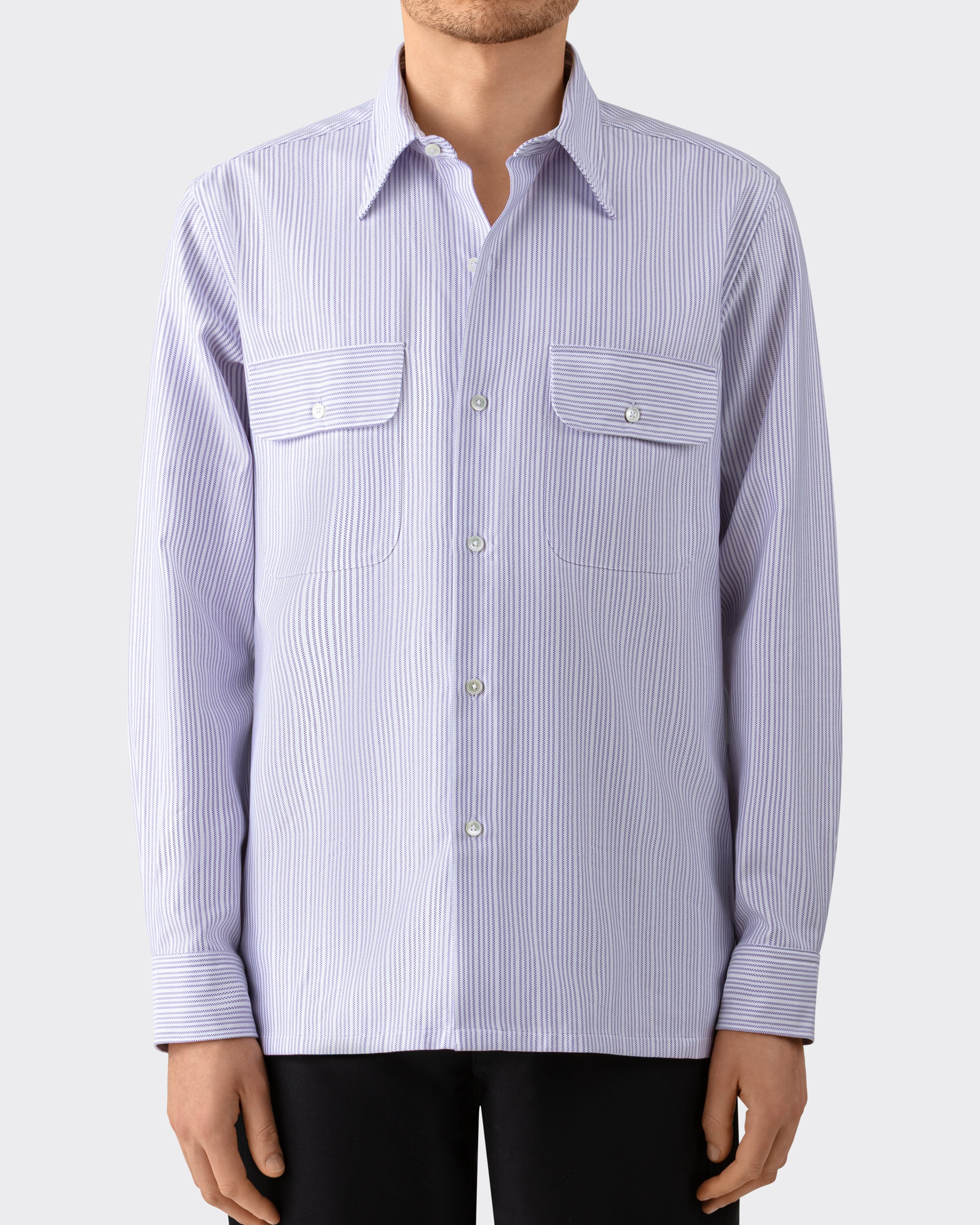 Model wearing white and lavender striped cotton oxford shirt, BEIGE HABILLEUR PARIS