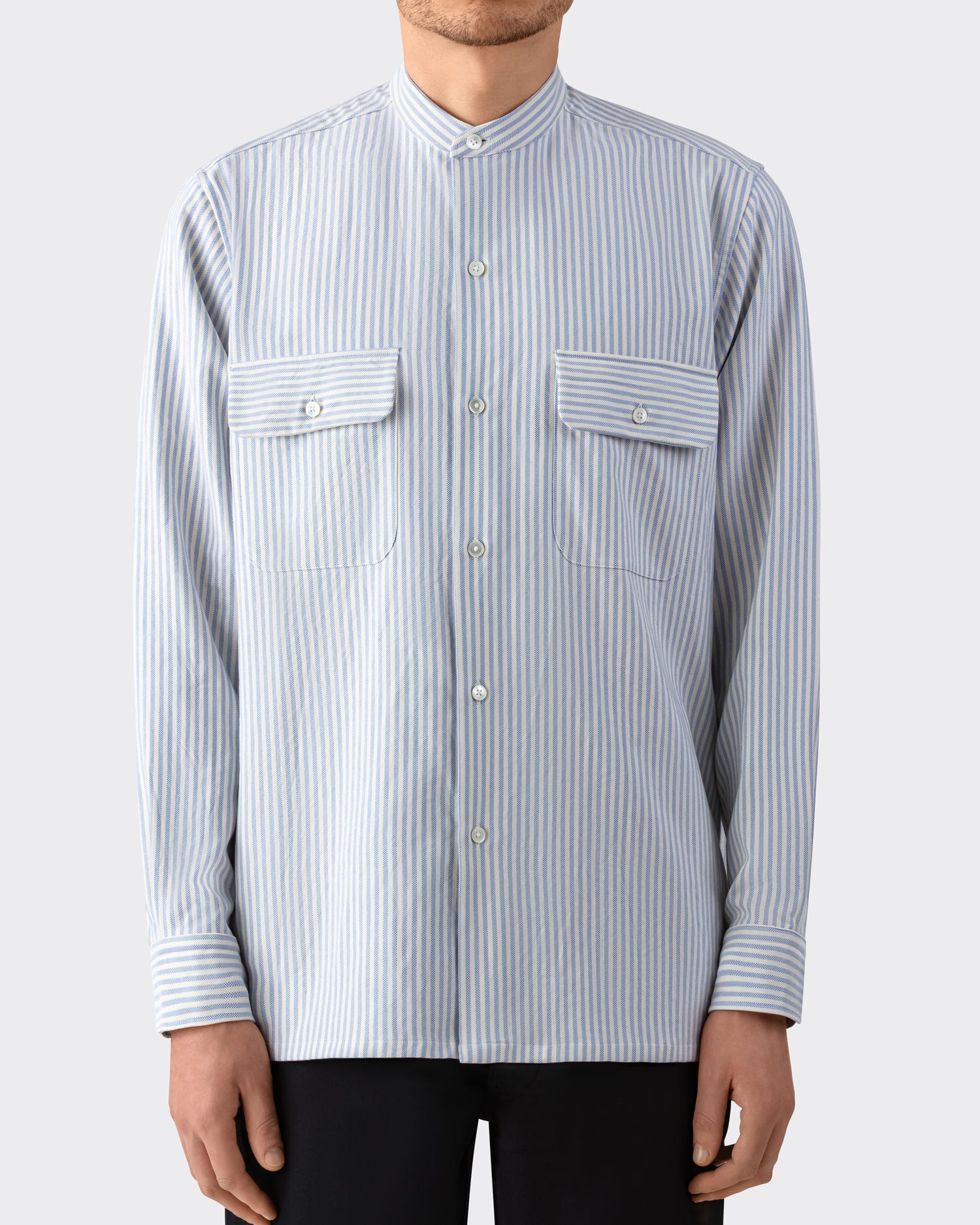 Model wearing cream and blue cotton oxford shirt, BEIGE HABILLEUR PARIS