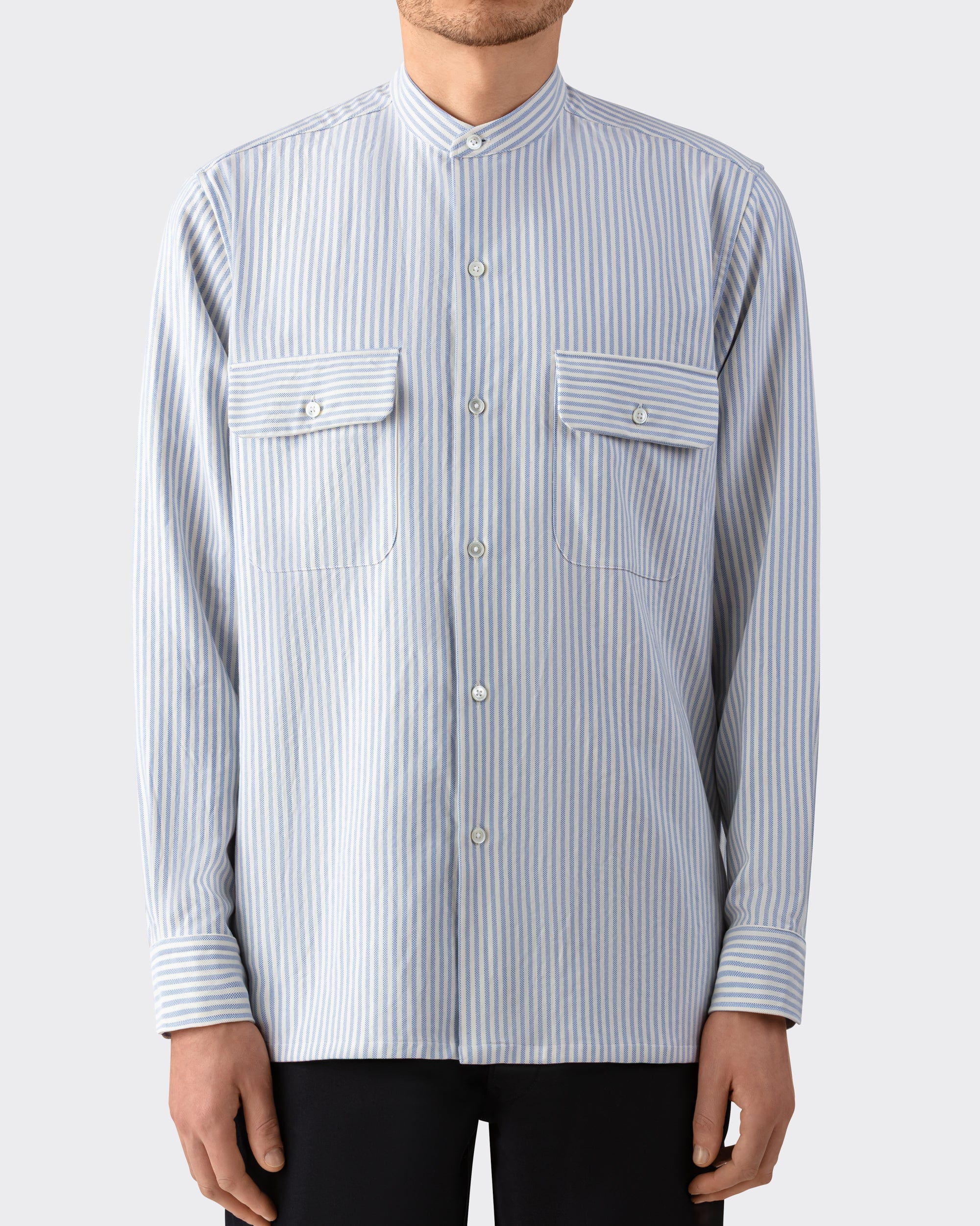 Model wearing cream and blue cotton oxford shirt, BEIGE HABILLEUR PARIS
