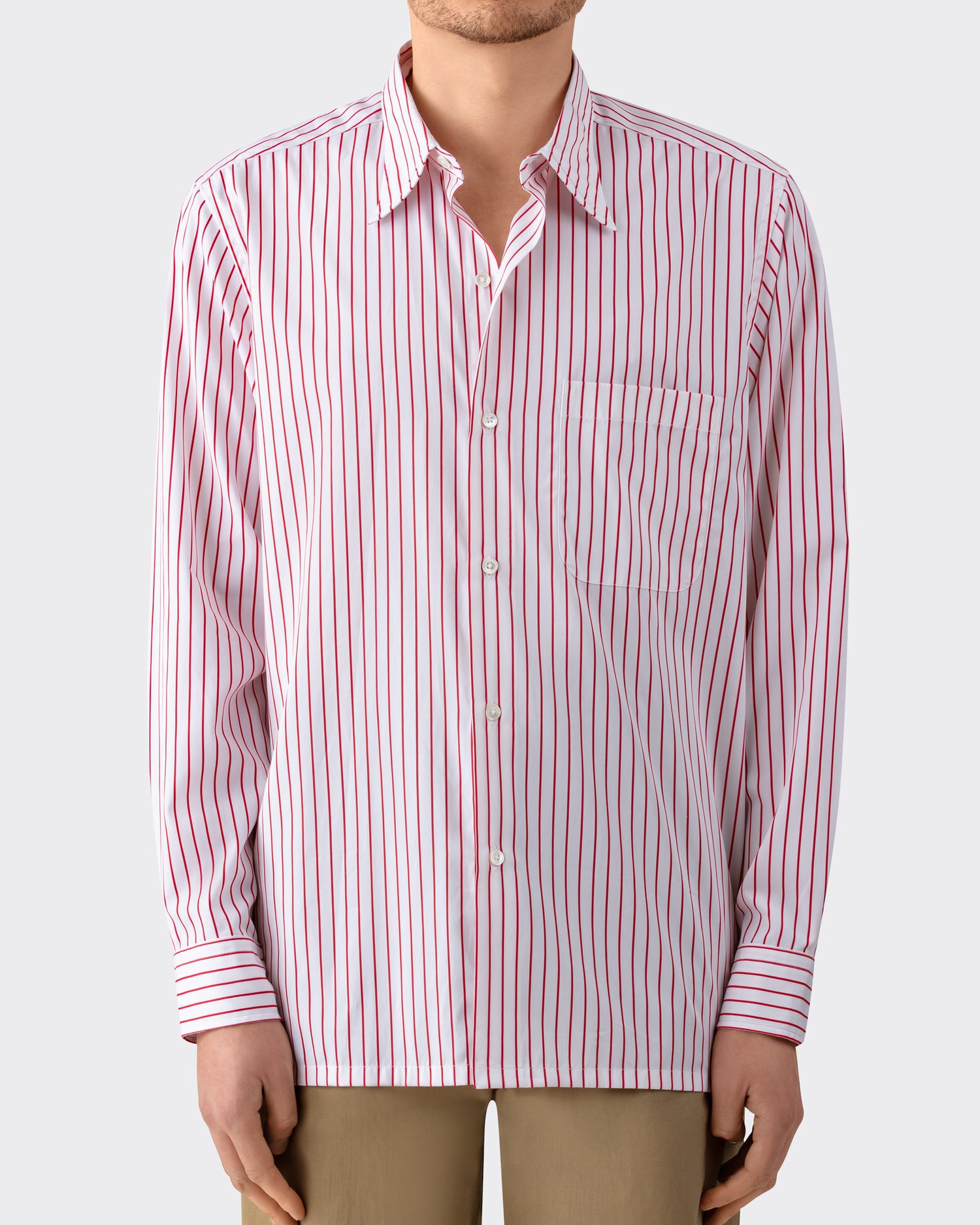 Model wearing white and red striped cotton poplin shirt, BEIGE HABILLEUR PARIS
