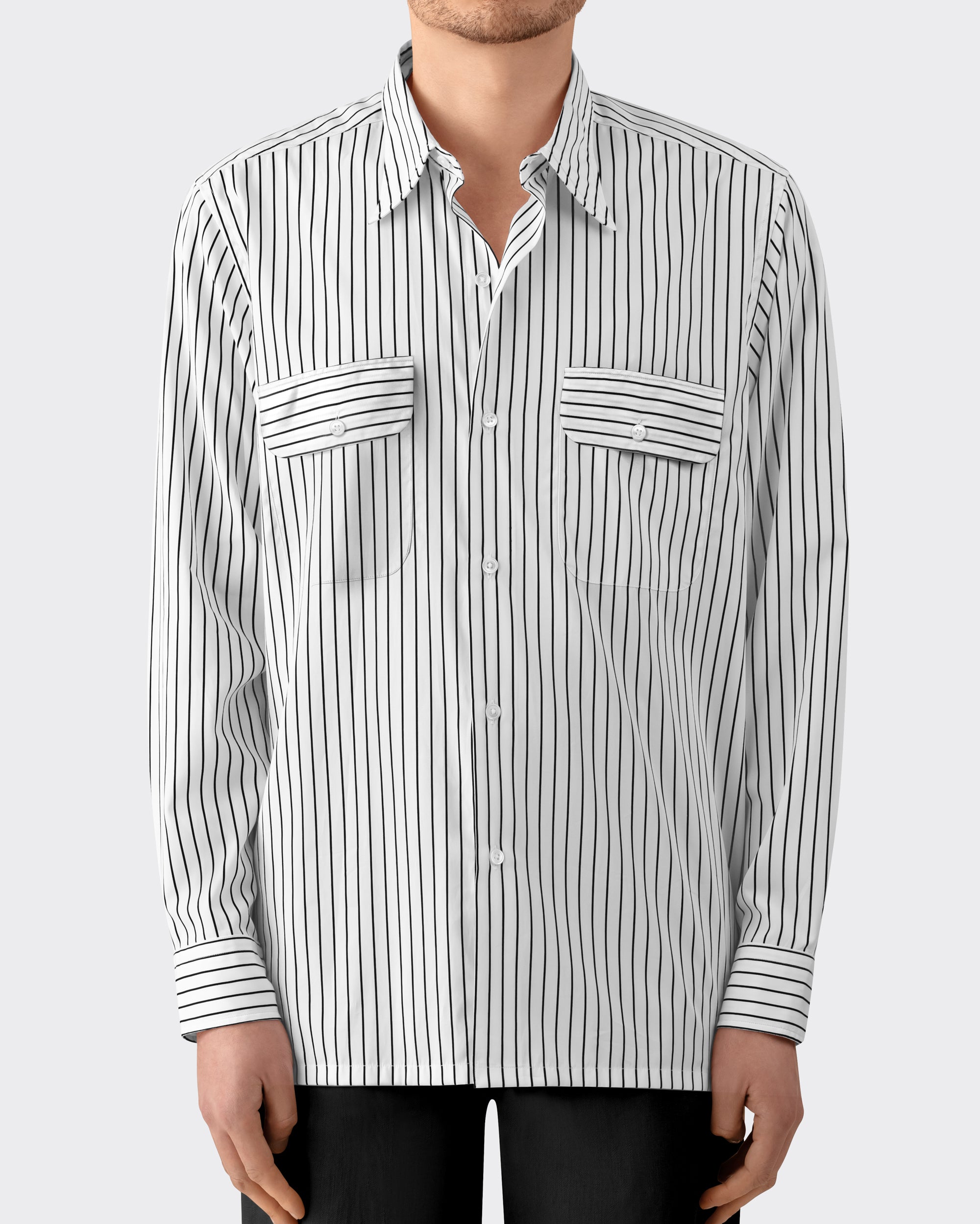 Model wearing white and black striped cotton poplin shirt, BEIGE HABILLEUR PARIS