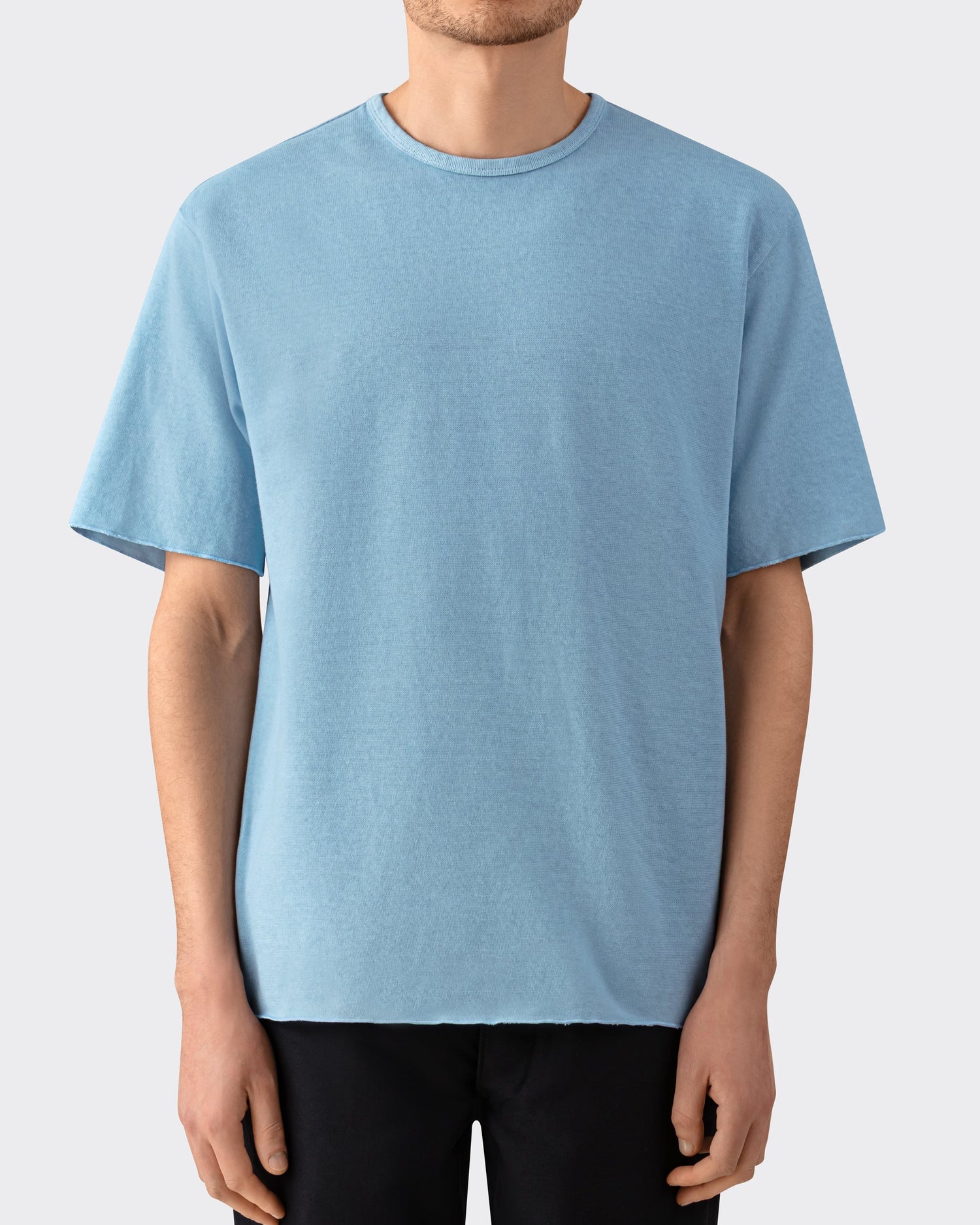 Arpenteur Pontus Rachel knit t-shirt in light pastel worn by model at Beige Habilleur Paris