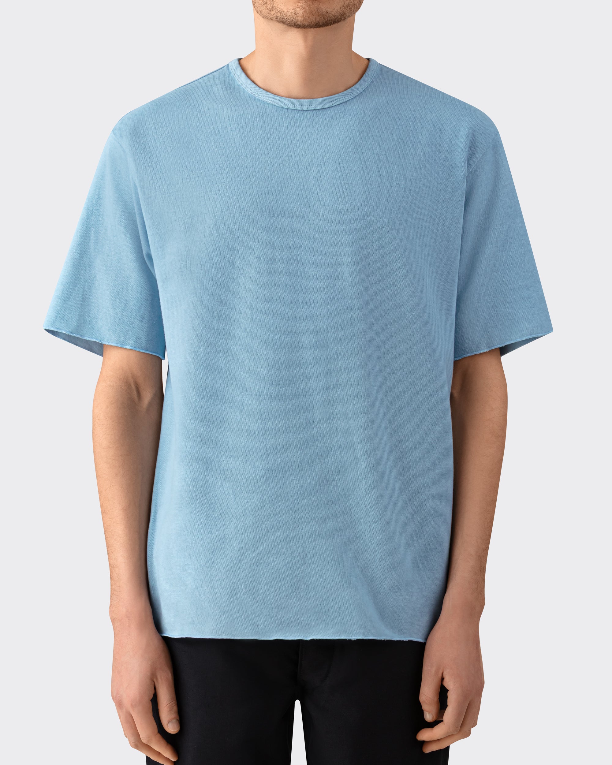Arpenteur Pontus Rachel knit t-shirt in light pastel worn by model at Beige Habilleur Paris