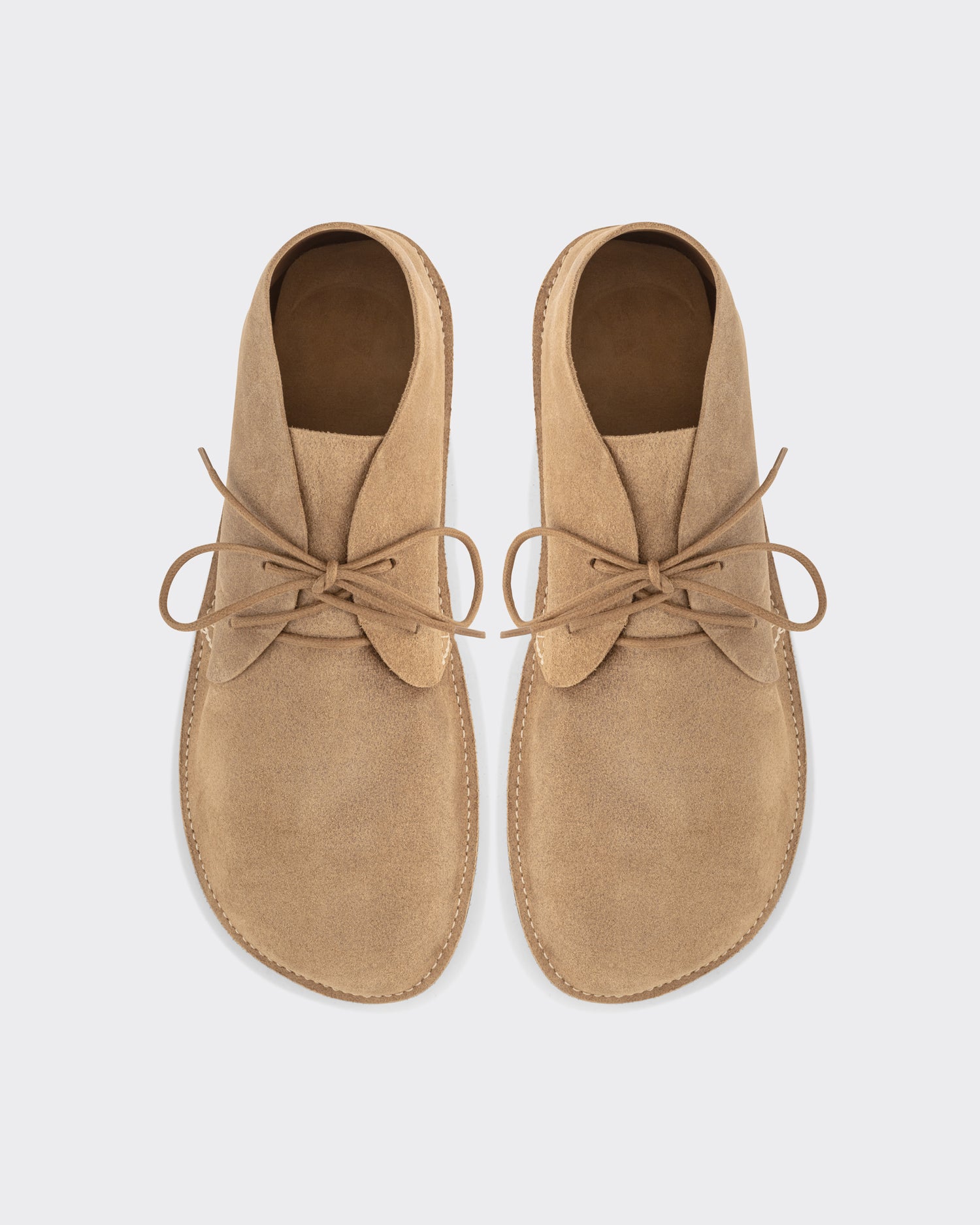 Aurora for BEIGE North Pacific chukka boots in sand Horween Marine Field leather, top view