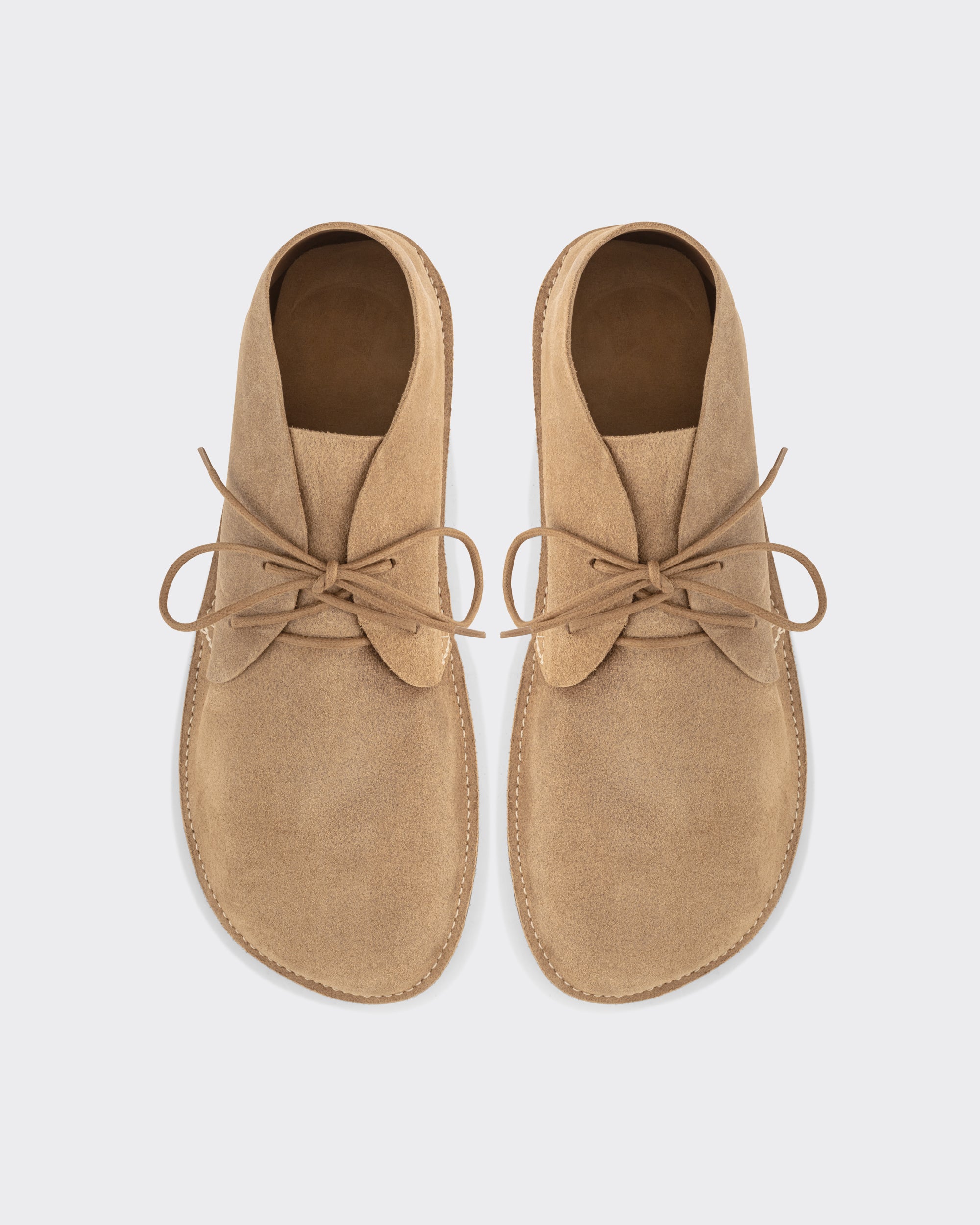 Aurora for BEIGE North Pacific chukka boots in sand Horween Marine Field leather, top view