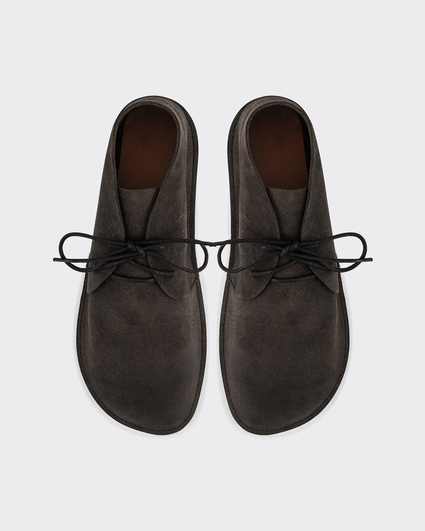 Aurora for BEIGE North Pacific chukka boots in charcoal Horween roughout leather, top view