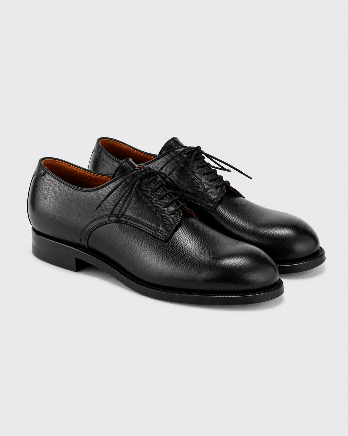Viberg Navvy Cut Derby in black Alcazar grained calf, three-quarter view