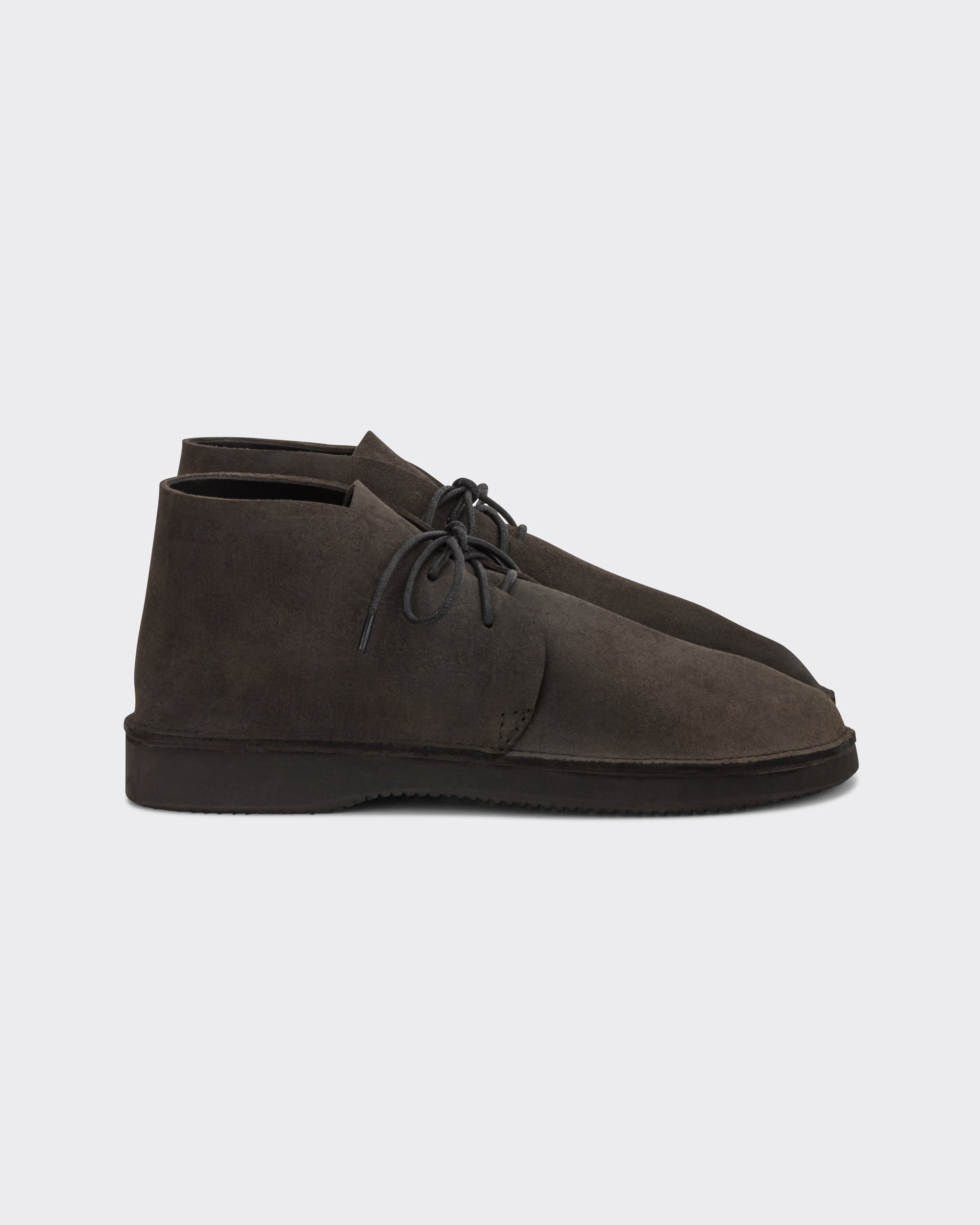 Aurora for BEIGE North Pacific chukka boots in charcoal Horween roughout leather, side view