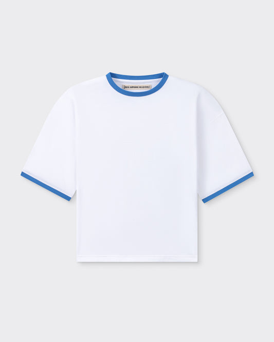 Meta Campania Collective cropped cotton jersey t-shirt white blue ribbed trims front view BEIGE HABILLEUR PARIS