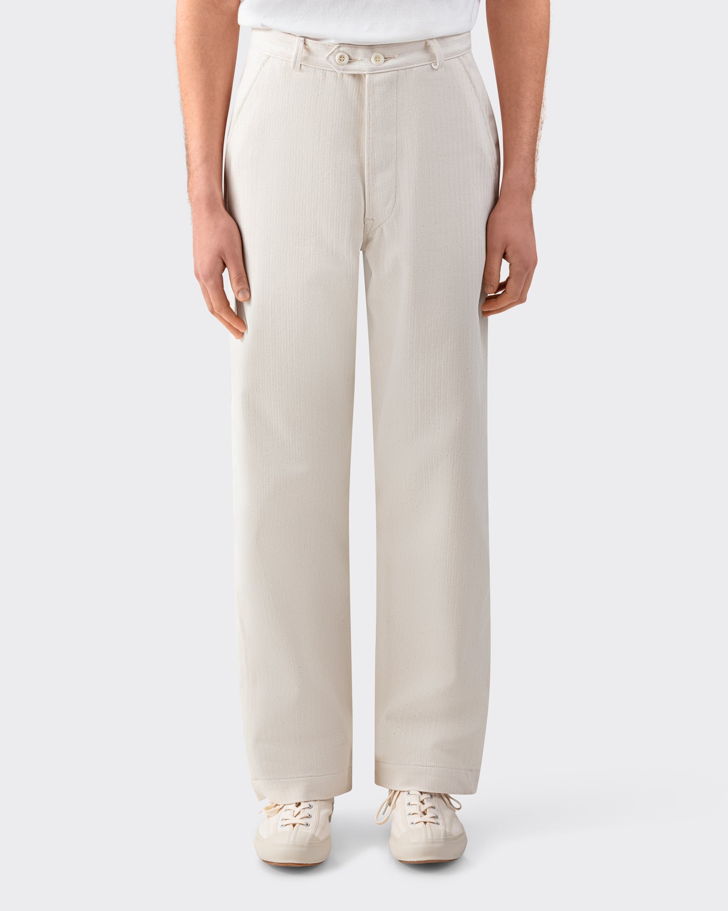JEAN LAUMET FOR BEIGE HABILLEUR Herringbone Cotton Trousers: Ecru