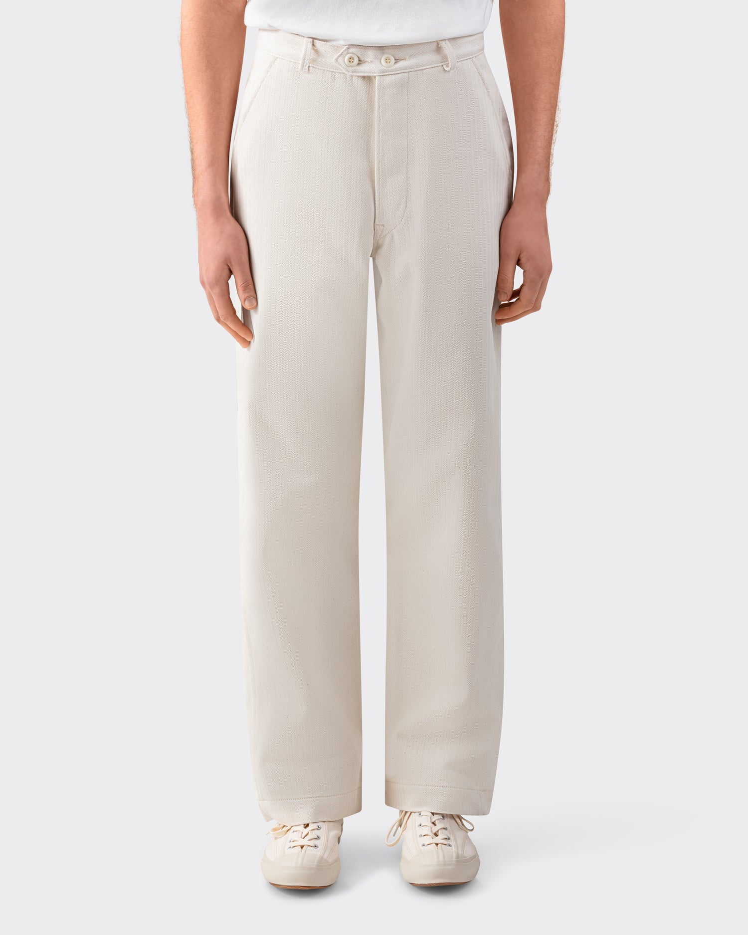 JEAN LAUMET FOR BEIGE HABILLEUR Herringbone Cotton Trousers: Ecru
