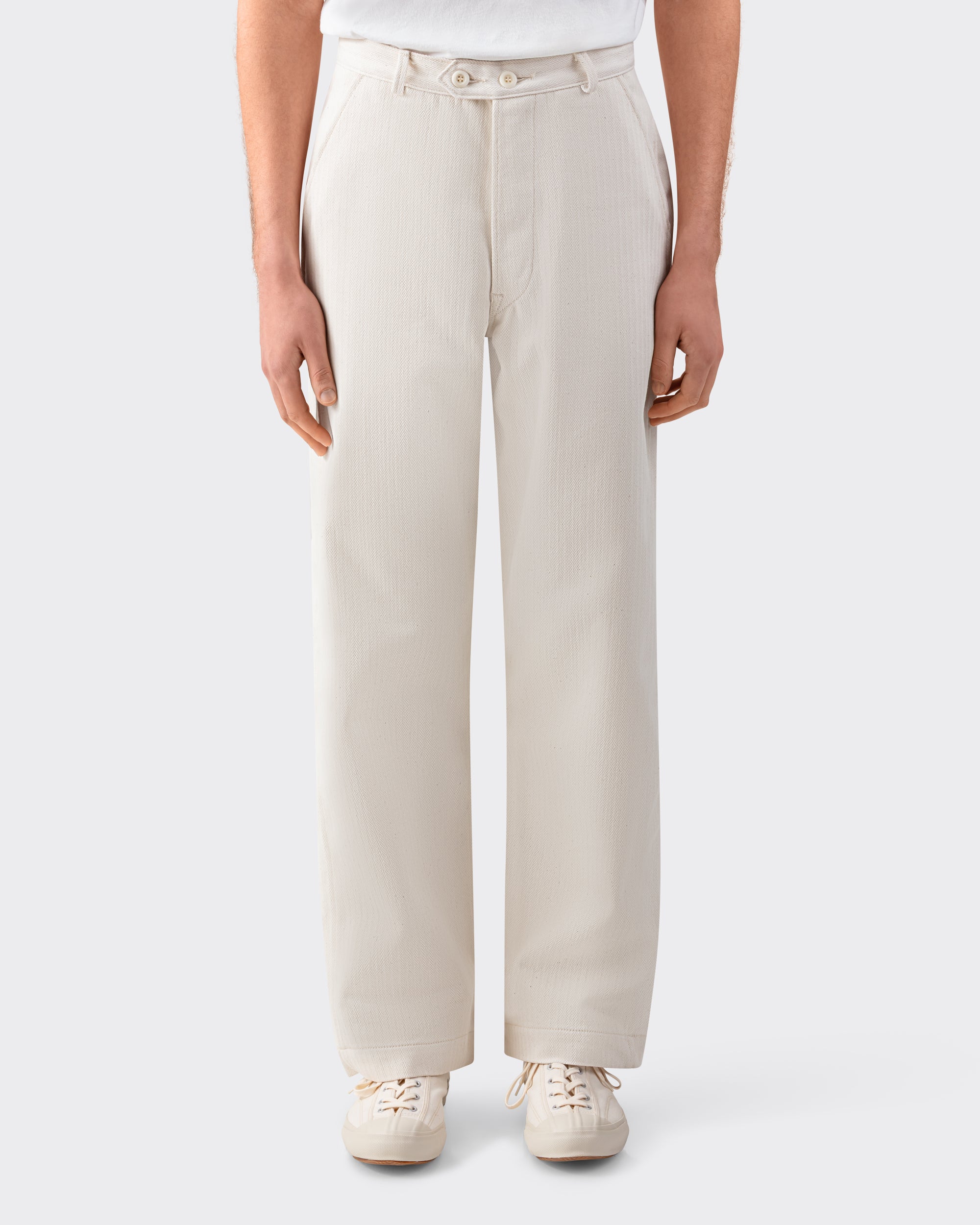 JEAN LAUMET FOR BEIGE HABILLEUR Herringbone Cotton Trousers: Ecru
