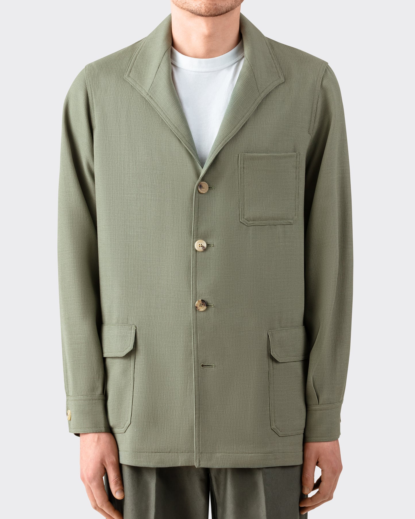 Teba jacket en laine Fresco Hardy Minnis - veste espagnole légère à revers sans cran, poches plaquées et boutons en corne - BEIGE