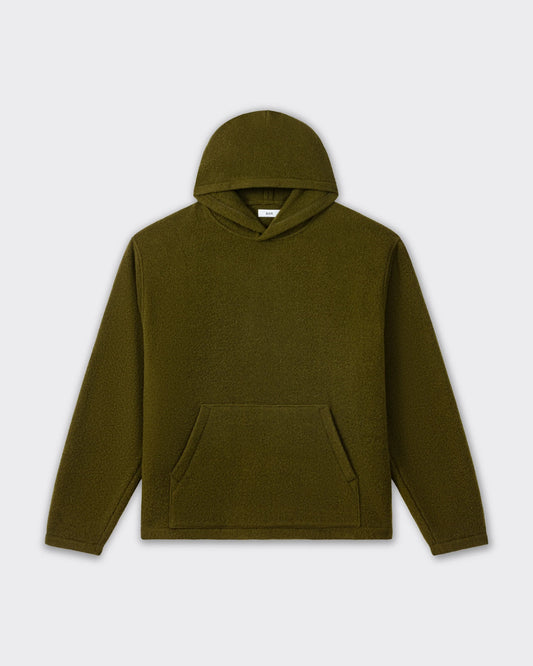 RIER hooded wool fleece in Soil olive green, front view
