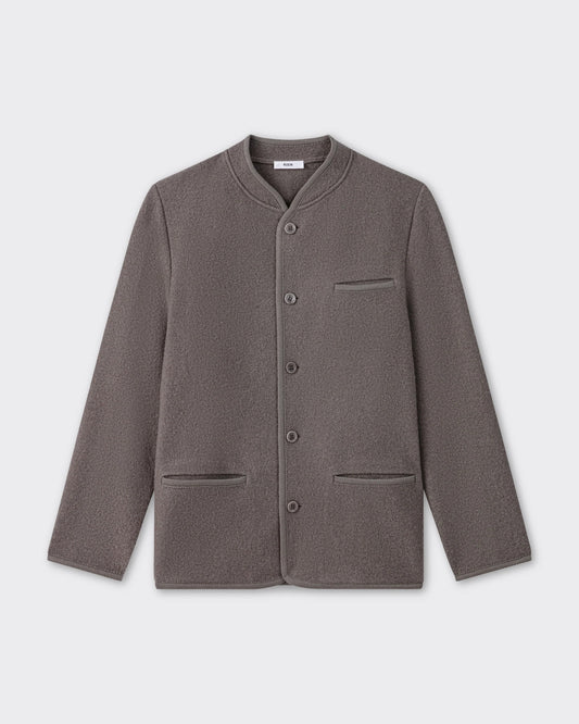 RIER Walker wool jacket in Camoscio taupe grey, front view, collarless with button front
