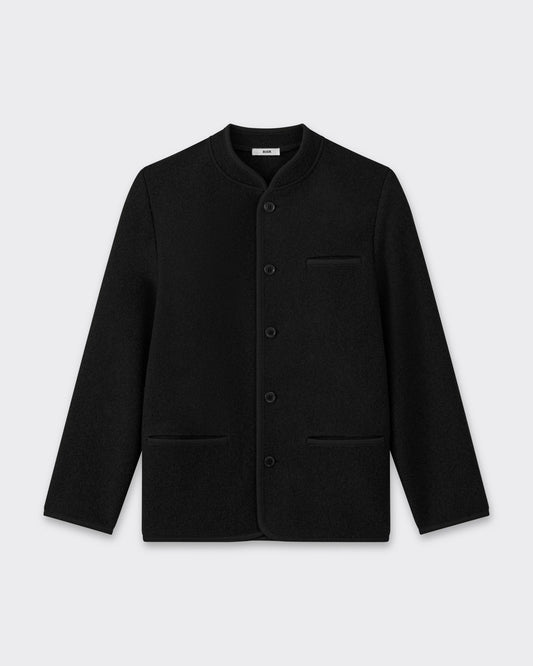 RIER Walker wool jacket in black, front view, collarless with button front