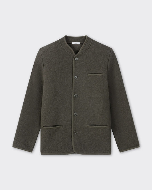 RIER Walker wool jacket in Zinc grey, front view, collarless with button front